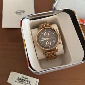Fossil Boyfriend Chronograph Brown Dial Rose Gold Steel Strap Watch For Women